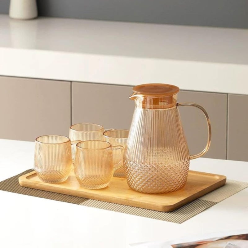 Amazing Lotus Gold Set - Includes 5 Piece Jug & Fridge Thermal Drink Carafe + 4 Mug High Quality Heat and Cold Resistant Glass Design - Generic